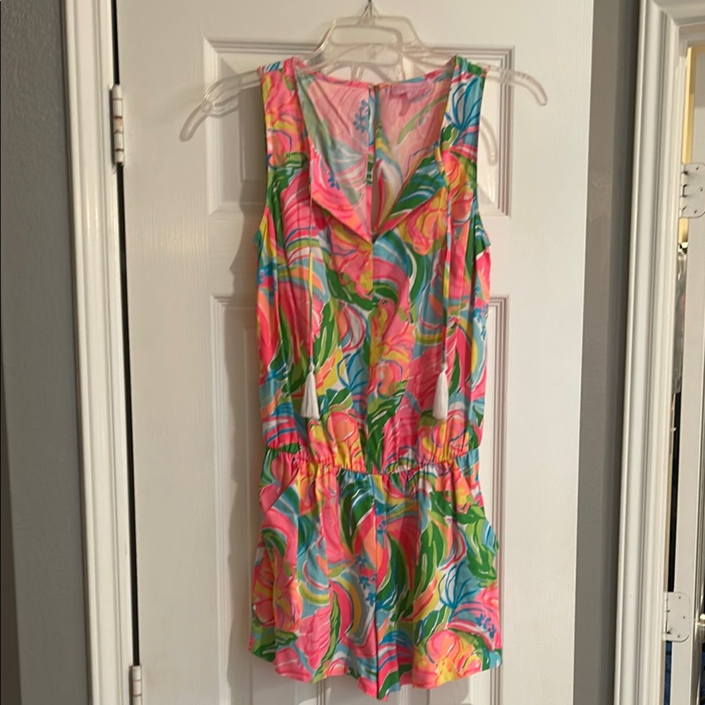 Lilly Pulitzer Pink and Blue Floral One Piece with elastic waste and pockets!